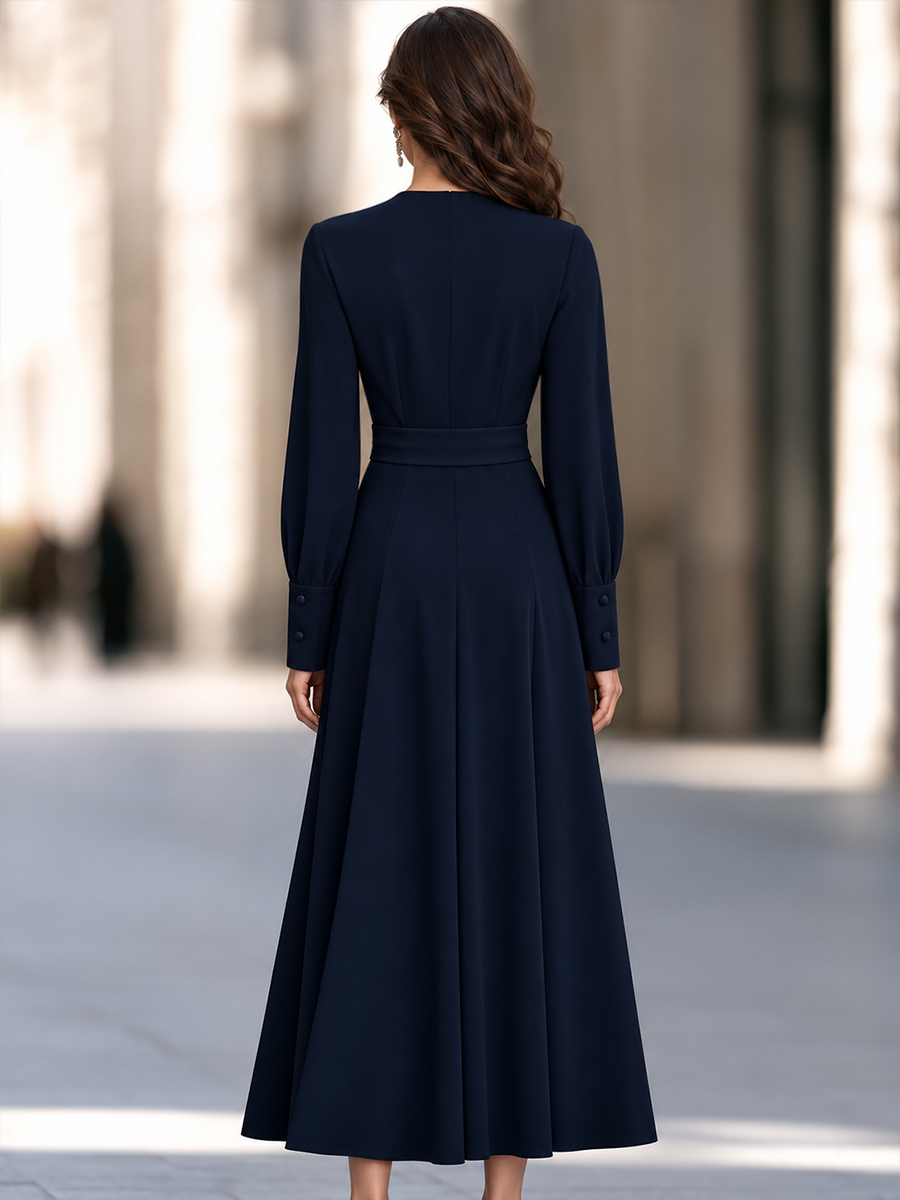 V-Neck Long Bishop Sleeve Knotted Wrap Front Pleated Fit And Flare Maxi Dress With Button Cuffs