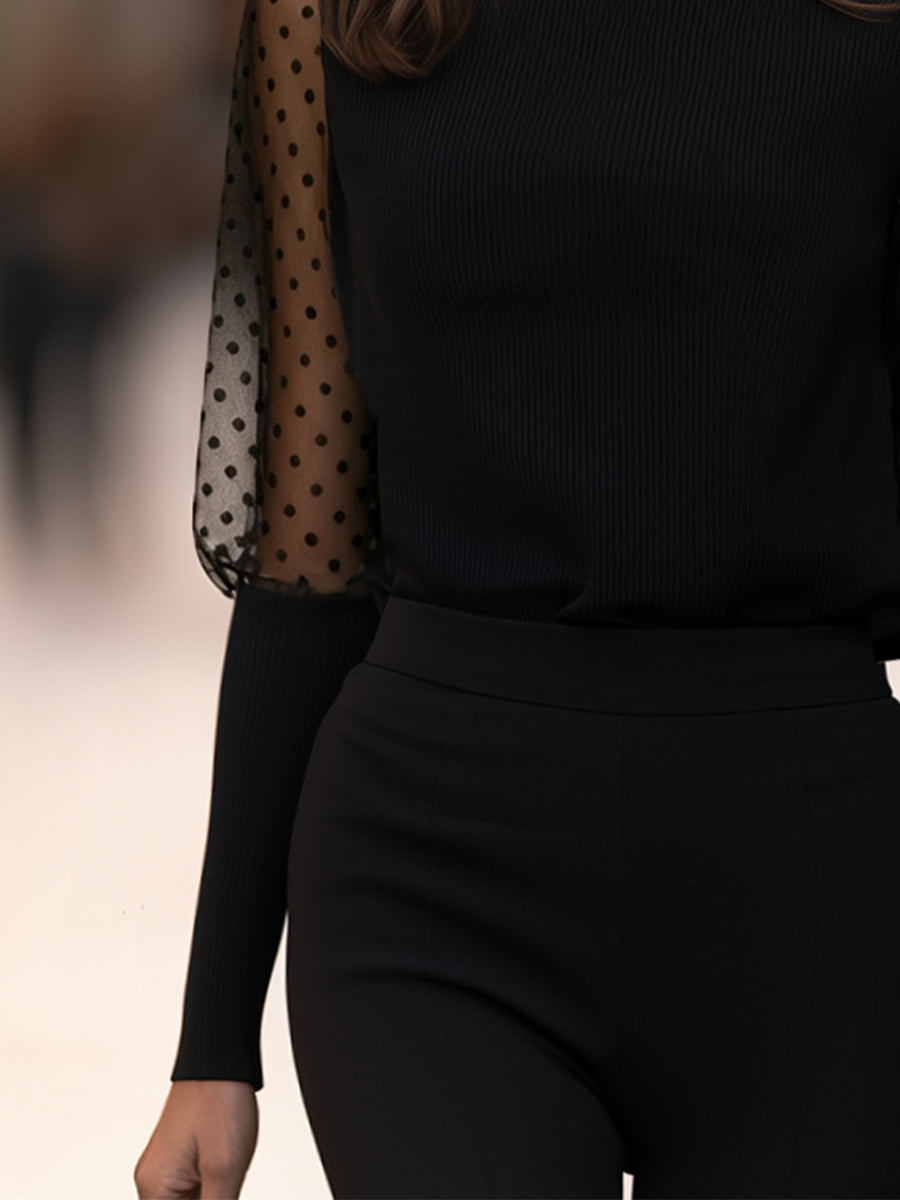 Polka Dot Mesh Sleeves Mock-Neck Knit Sweater