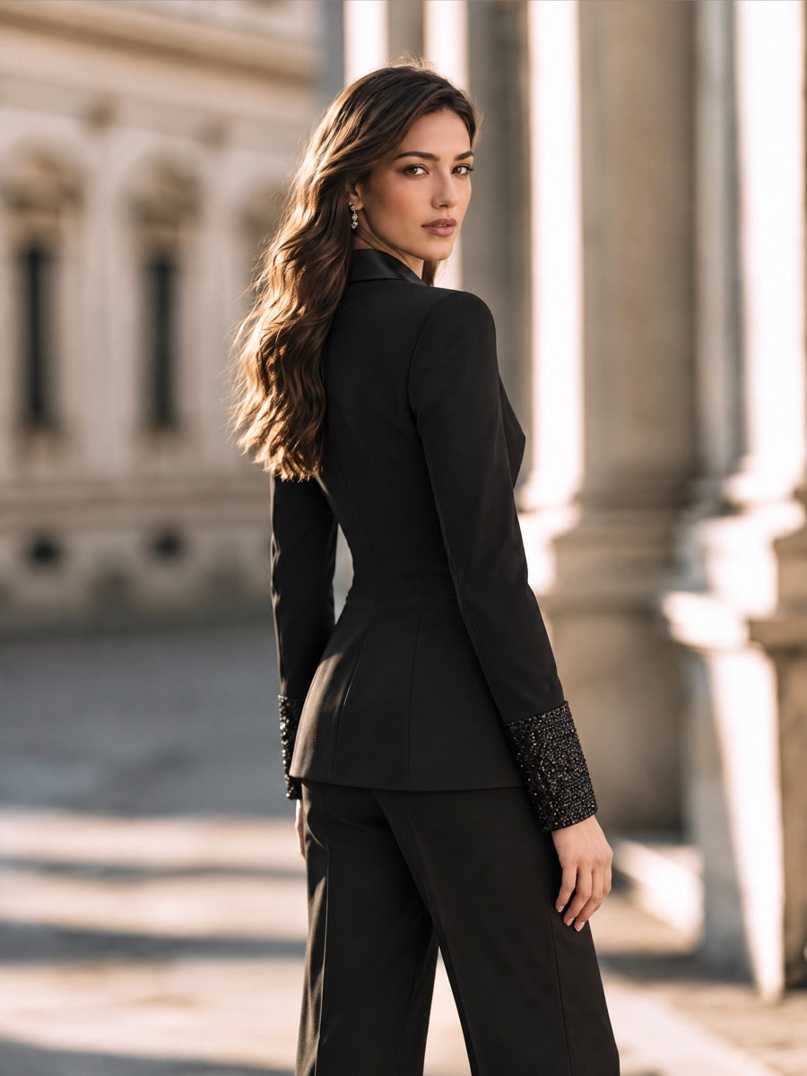 Elegant Sequin Cuff Satin Peak Lapel Slim Asymmetrical Blazer