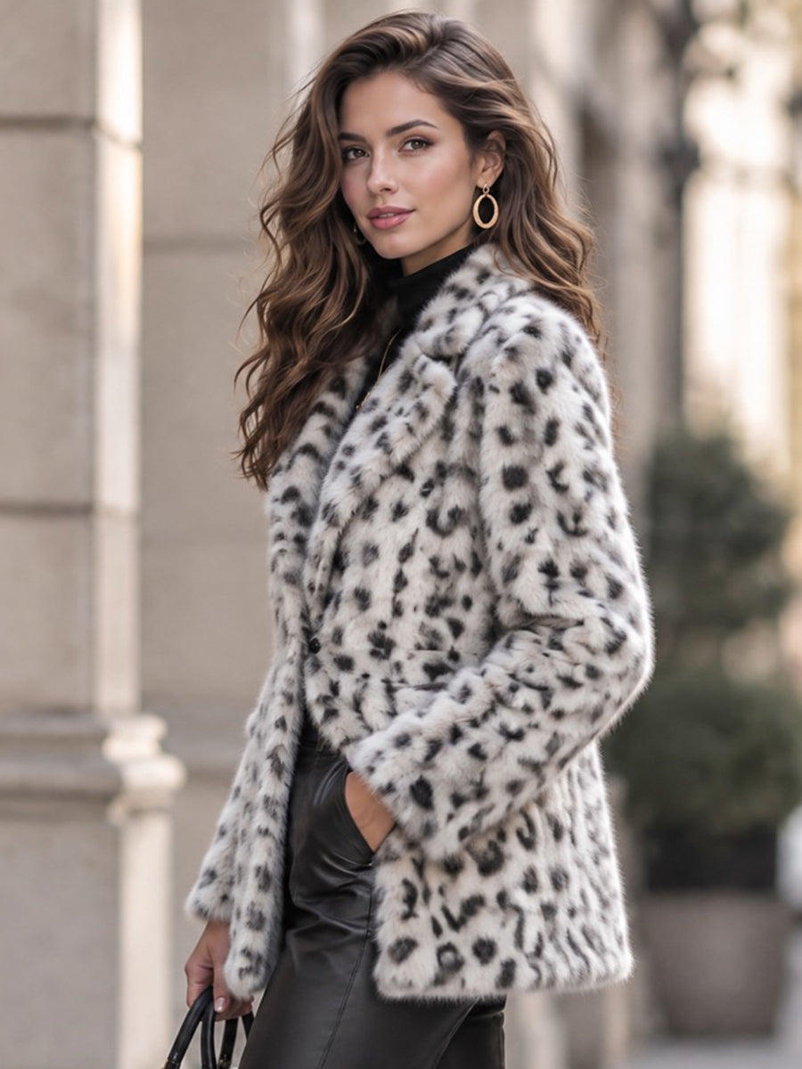 Mink-effect Faux Fur Coat With Leopard Print And Notch Lapels