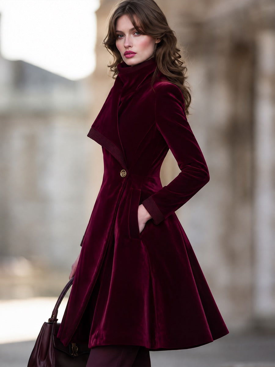 Braid Trimmed Asymmetric Lapel Velvet Fit-and-Flare Midi Coat