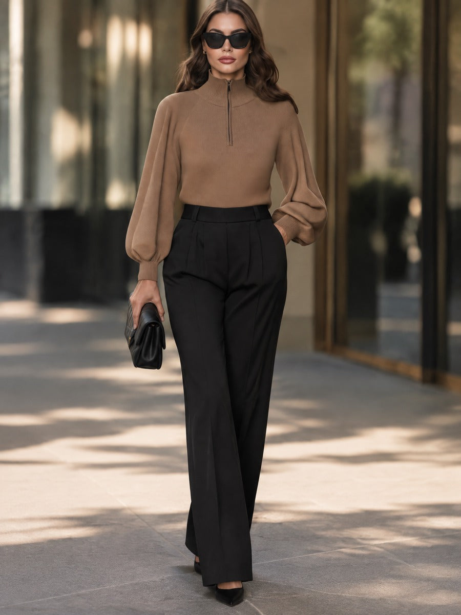 Half-Zip Balloon Sleeve Mock Neck Knit Sweater