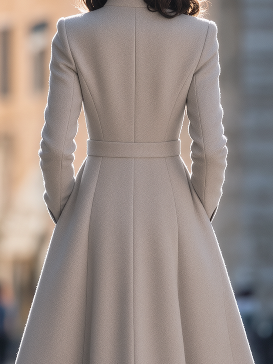 Light Grey Stand Collar Belted A-line Wool Midi Coat