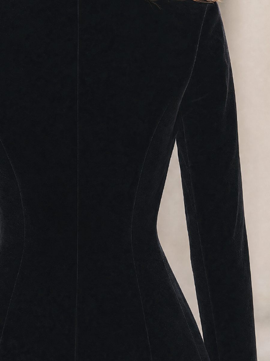 Black Velvet Peak Lapel Fitted Waist Blazer Jacket