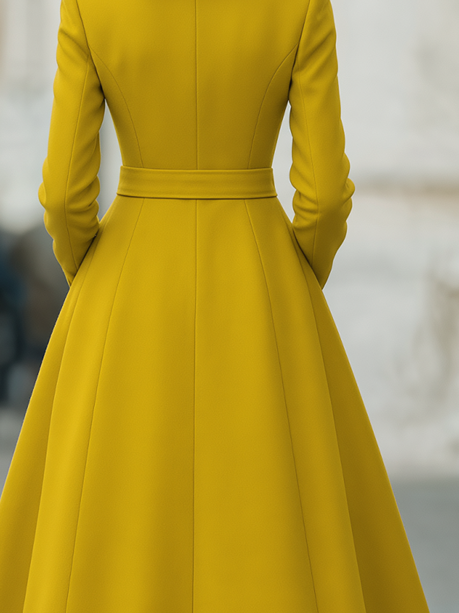 Mustard Yellow Stand Collar Belted A-line Wool Midi Coat