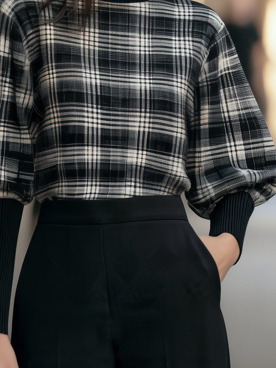 Plaid Mock Neck Lantern Sleeve Knit Sweater