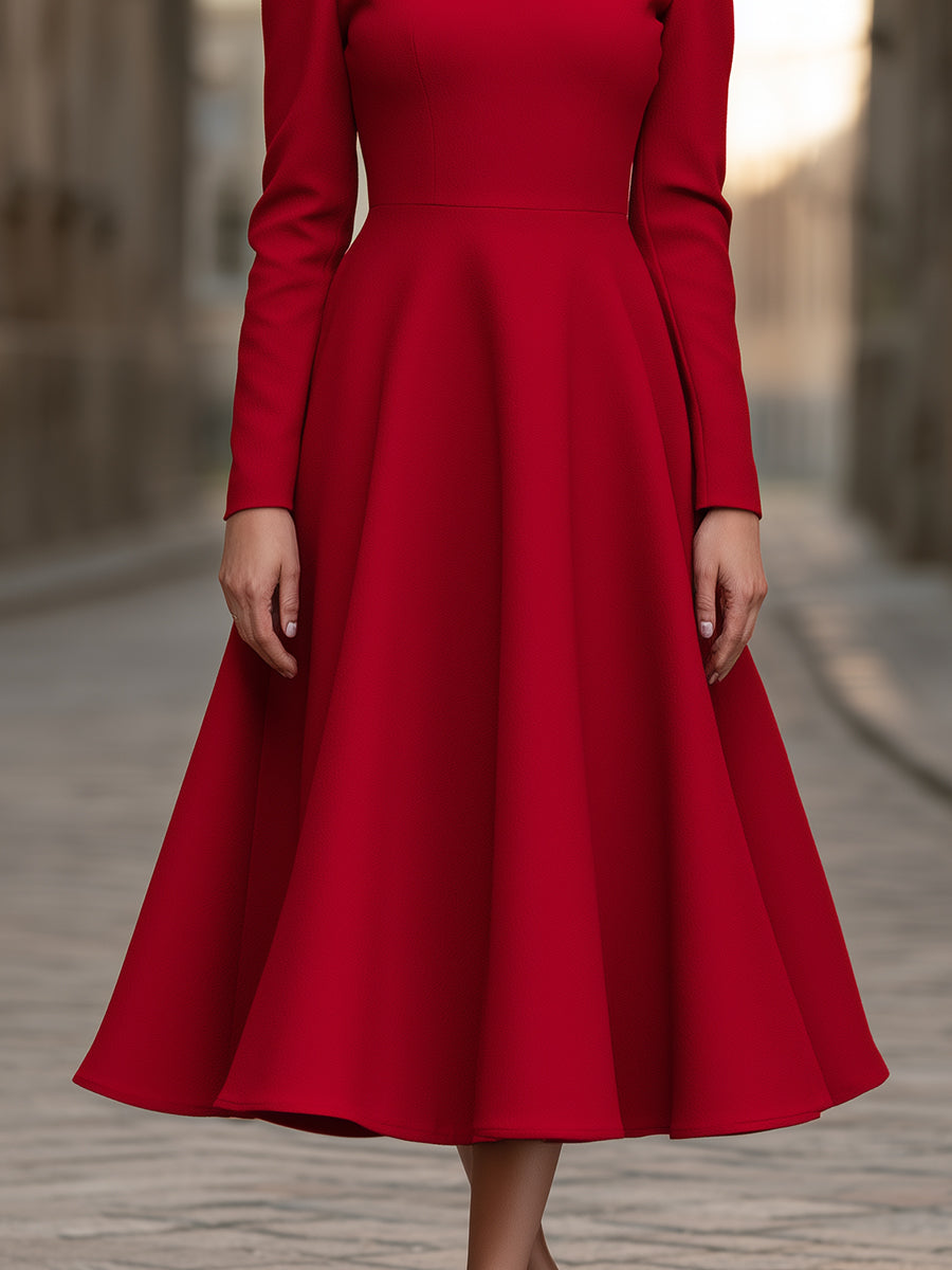 Keyhole-Neck Structured A-Line Midi Dress