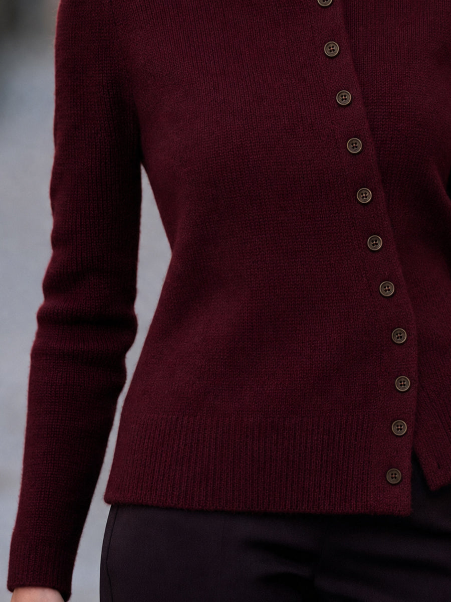 Asymmetric Button High-Neck Knit Cardigan