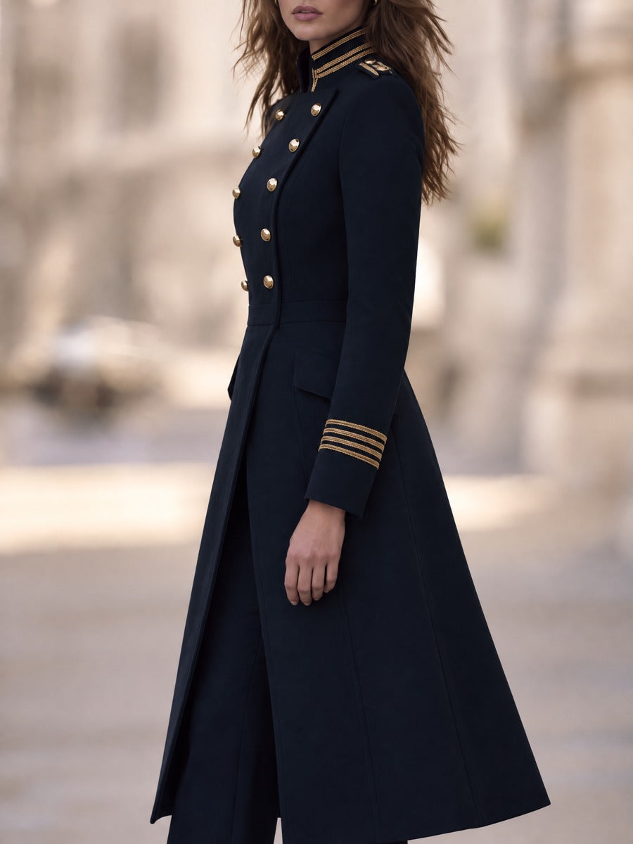 Women's Military Style Double-Breasted Long Coat with Gold Button Detail