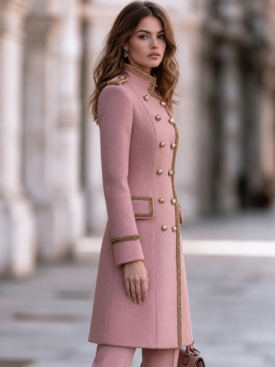 Braid Trimmed Stand Collar Double-Breasted Military Midi Coat