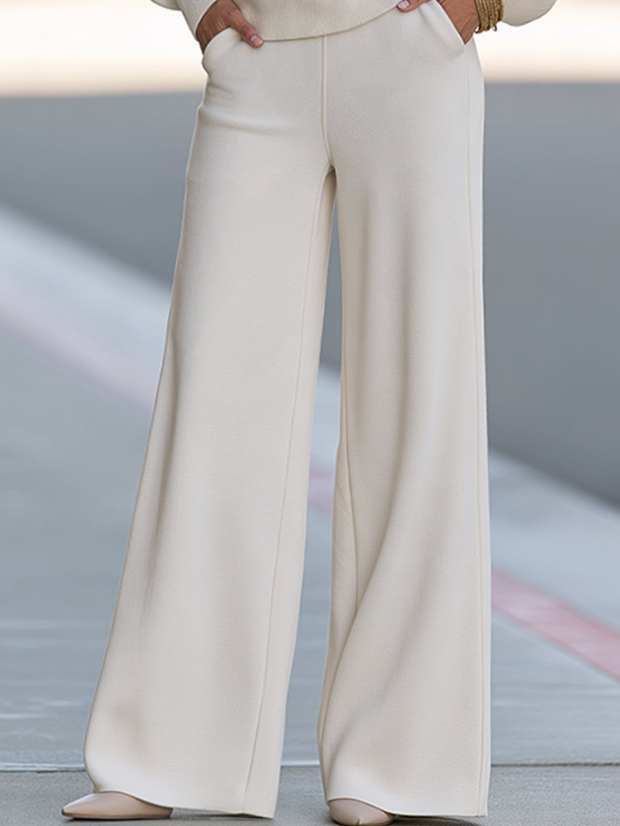 Ivory Mock-Neck Knit Top And Wide-Leg Pants Set