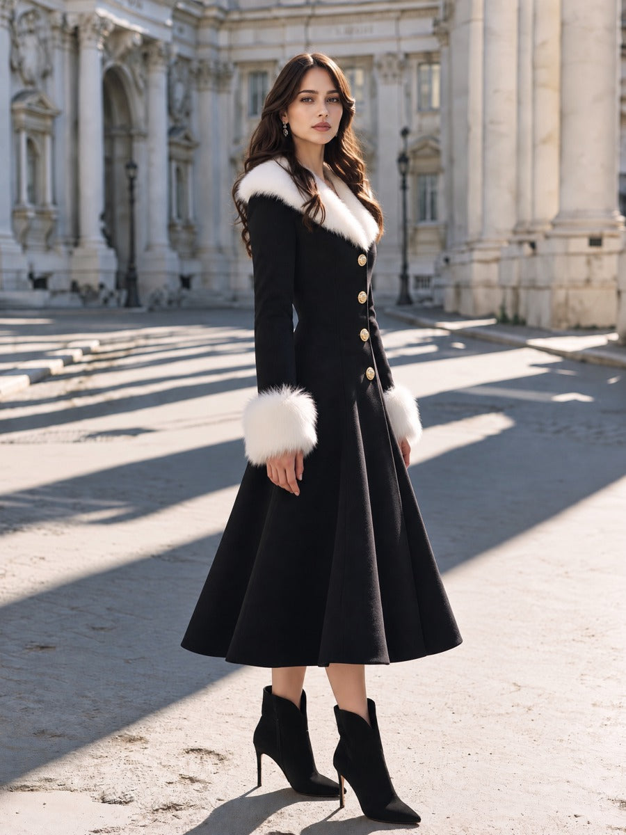 Elegant Faux Fur Trim Fitted Waist A-Line Long Coat