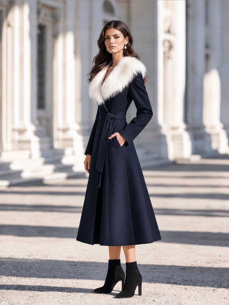 Elegant Faux Fur Collar Belted Long Wool Coat