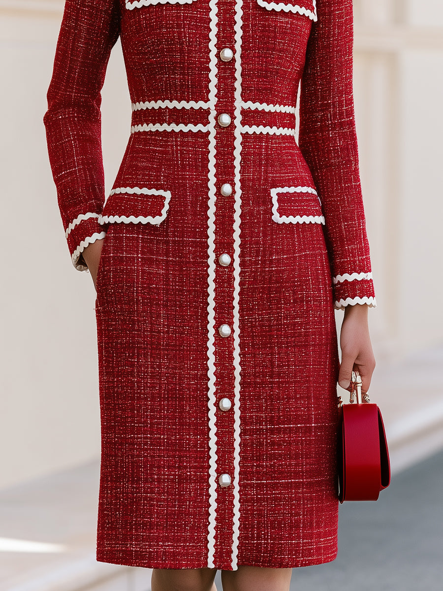 Red Scalloped Trim Pearl Button Tweed Midi Dress