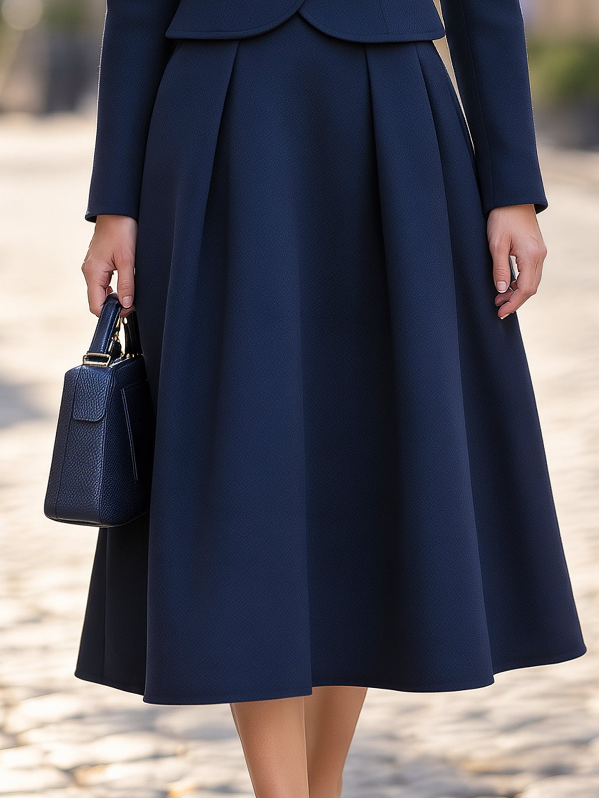 Pearl Trim Stand Collar Jacket & Pleated Midi Skirt Tailored Set