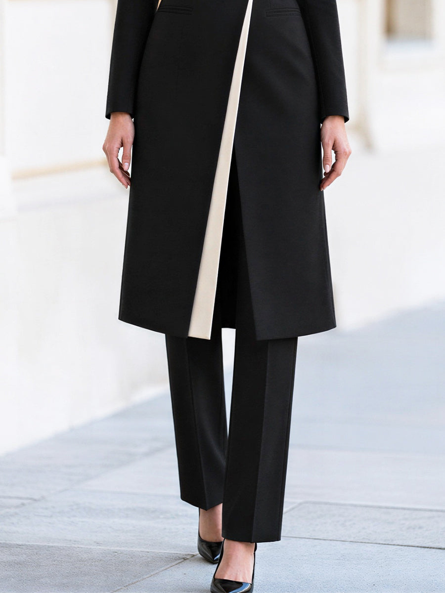 Black Contrast Lapel Belted Long Blazer Pant Two Piece Co‑Ord Set