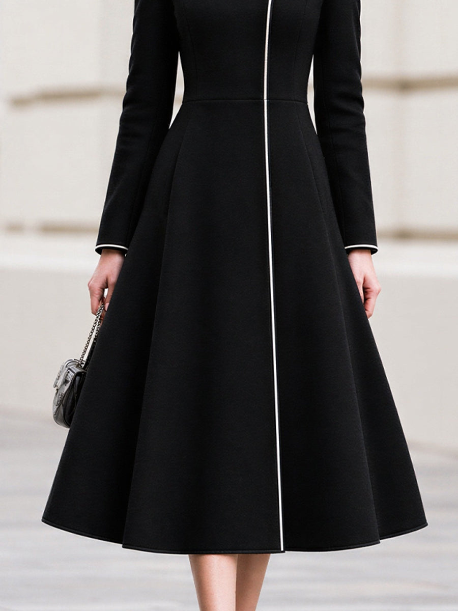 Contrast Piping Asymmetrical Stand Collar A‑Line Midi Wool Coat