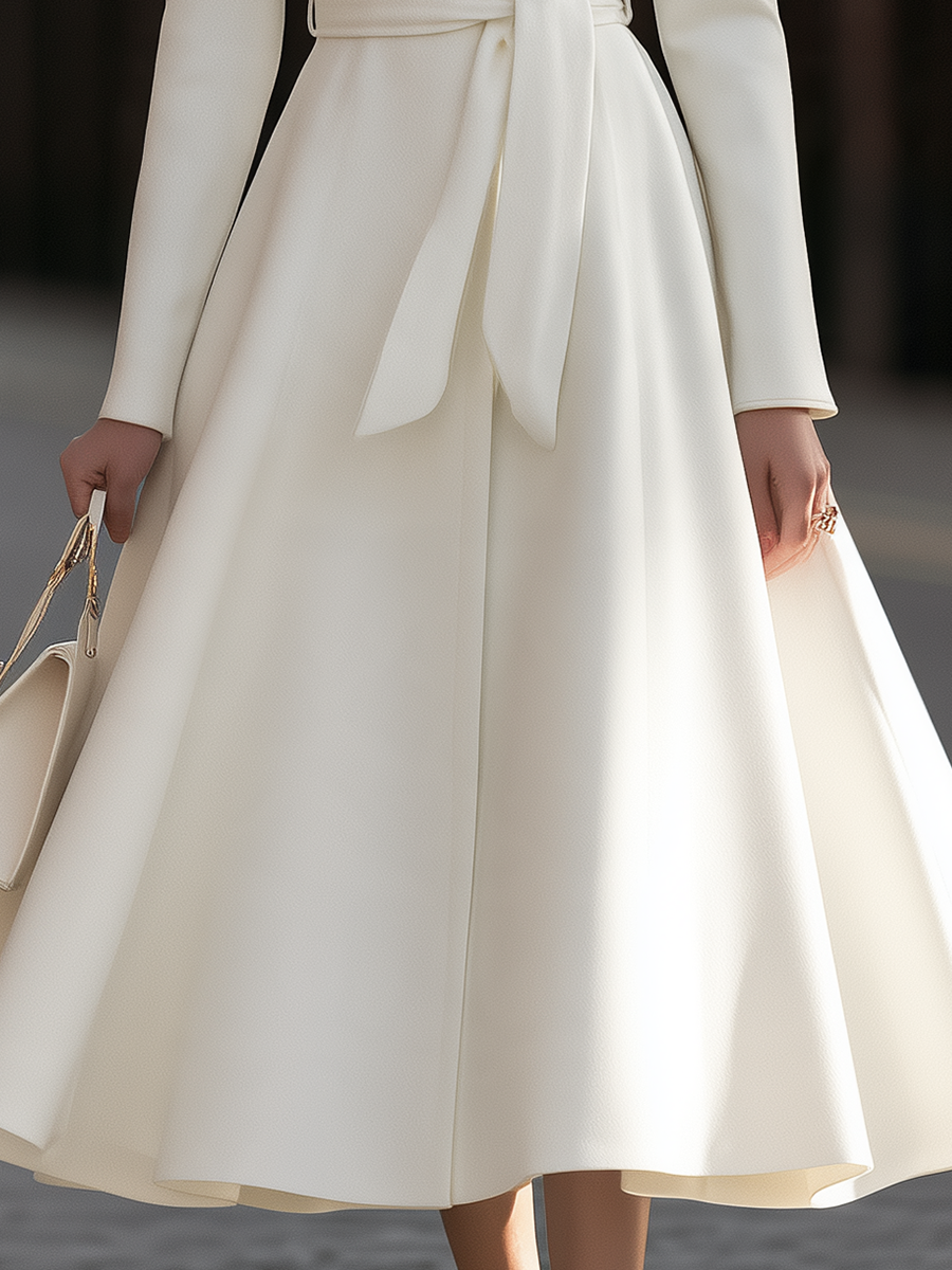 Elegant Belted A-Line Midi Coat with Stand Collar