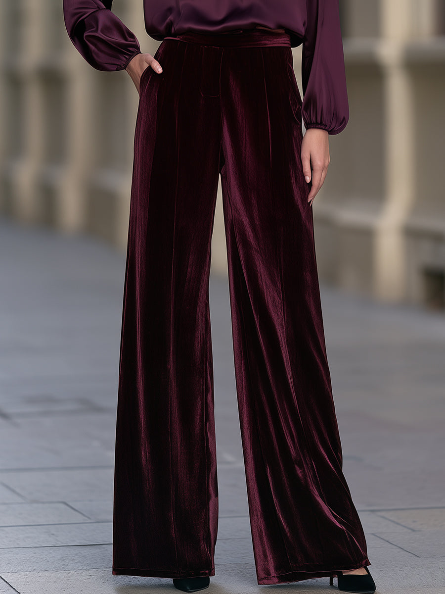 Satin Blouse And Velvet Wide-Leg Pants Two-Piece Set
