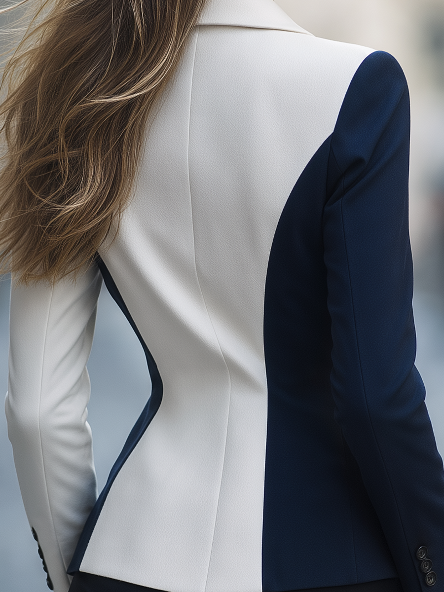 White & Navy Blue Geometric Color Block Asymmetrical Tailored Blazer