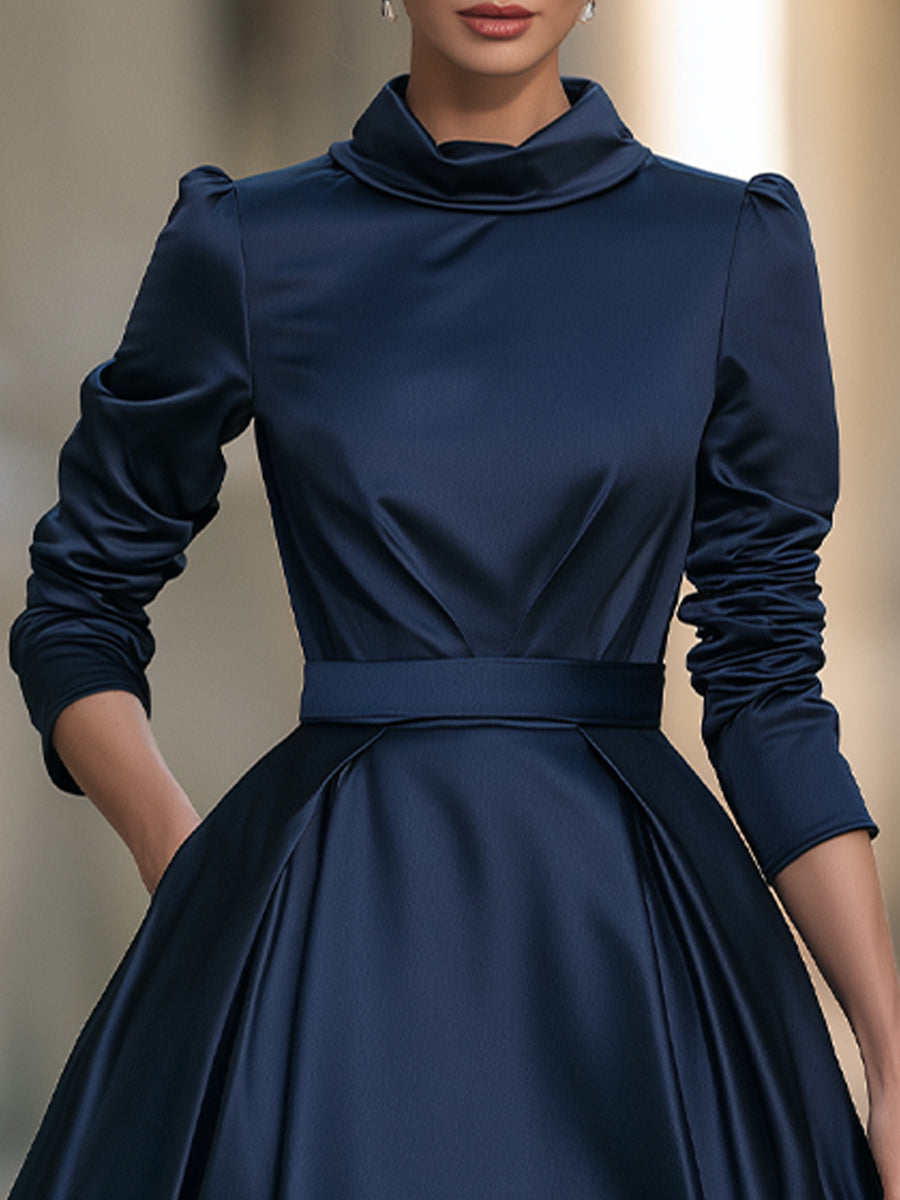 High-Neck Self-belt Satin Midi Dress