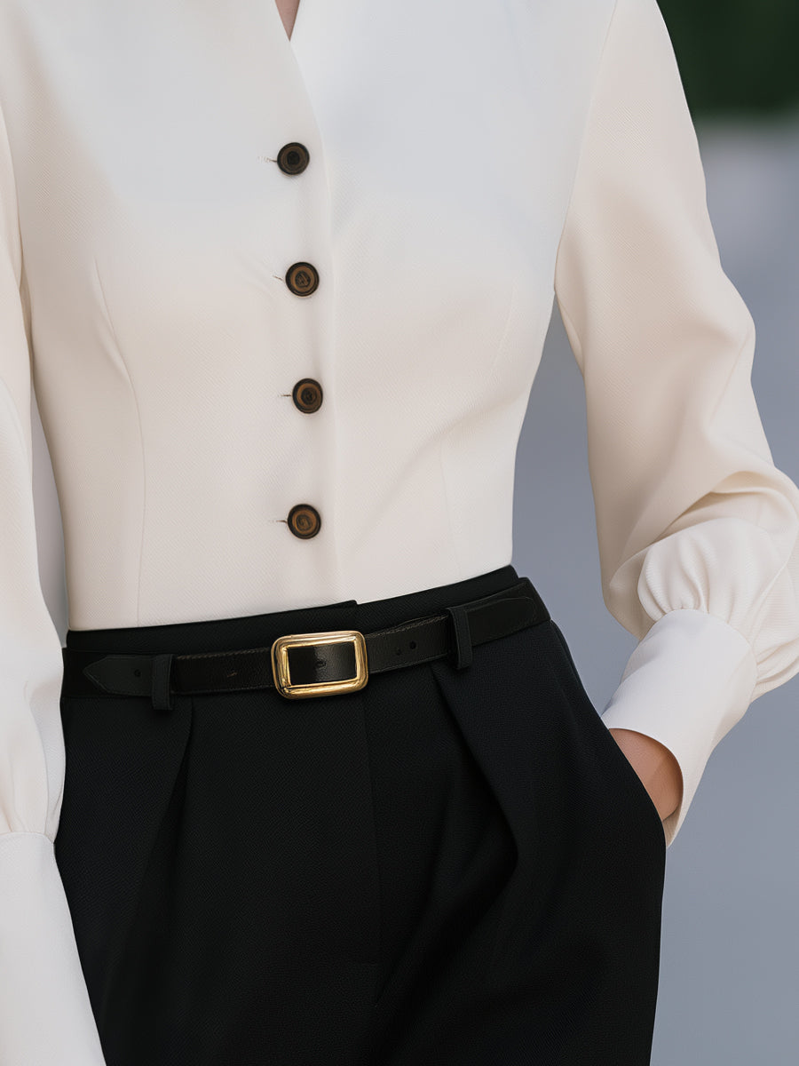 Stand Collar Button-Front Tailored Blouse