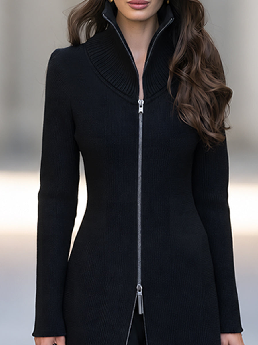 Long Ribbed Knit Zip-up Cardigan