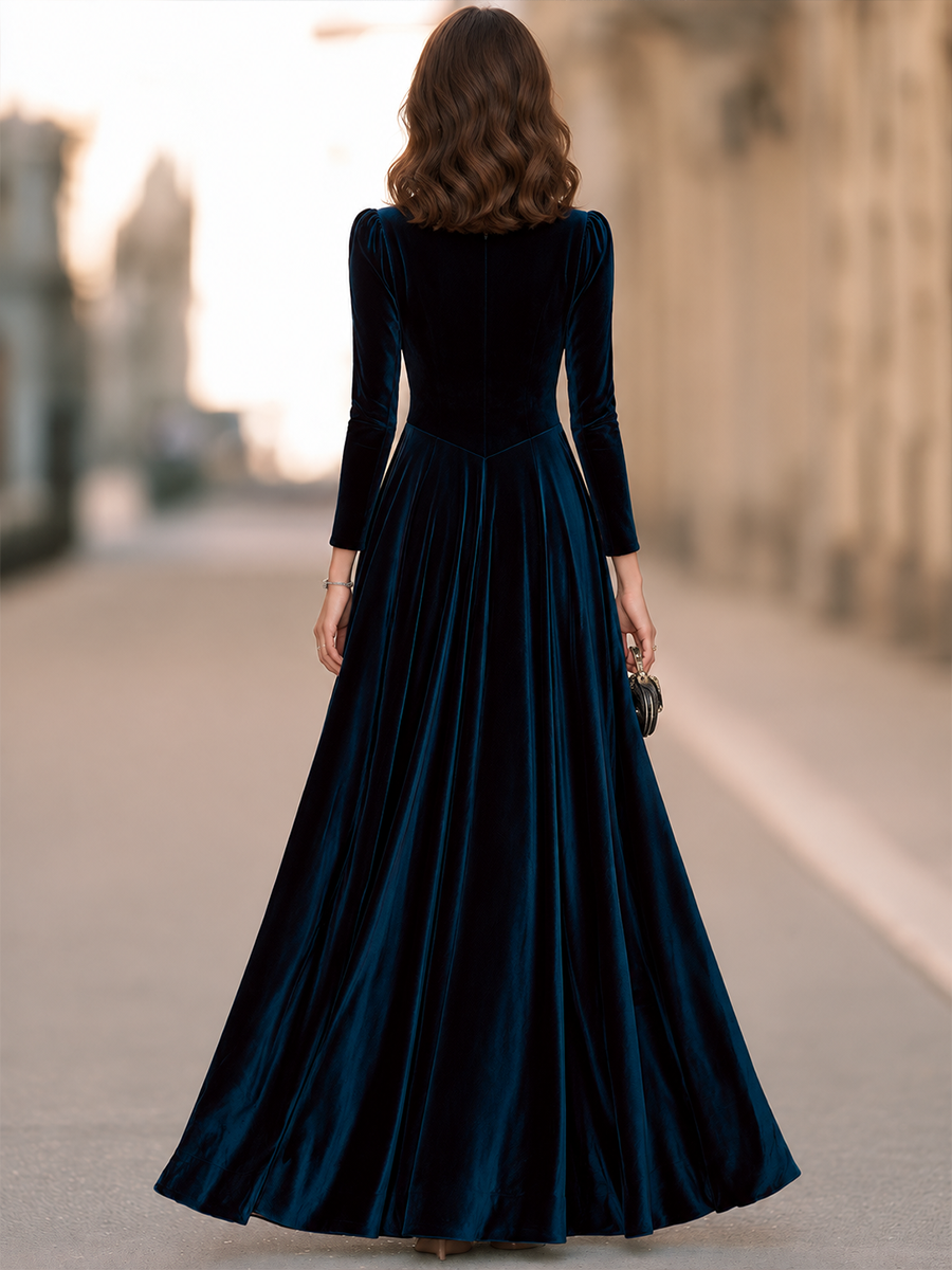Draped Cowl Neck Long Sleeve Velvet Pointed Waist Fit And Flare Maxi Dress
