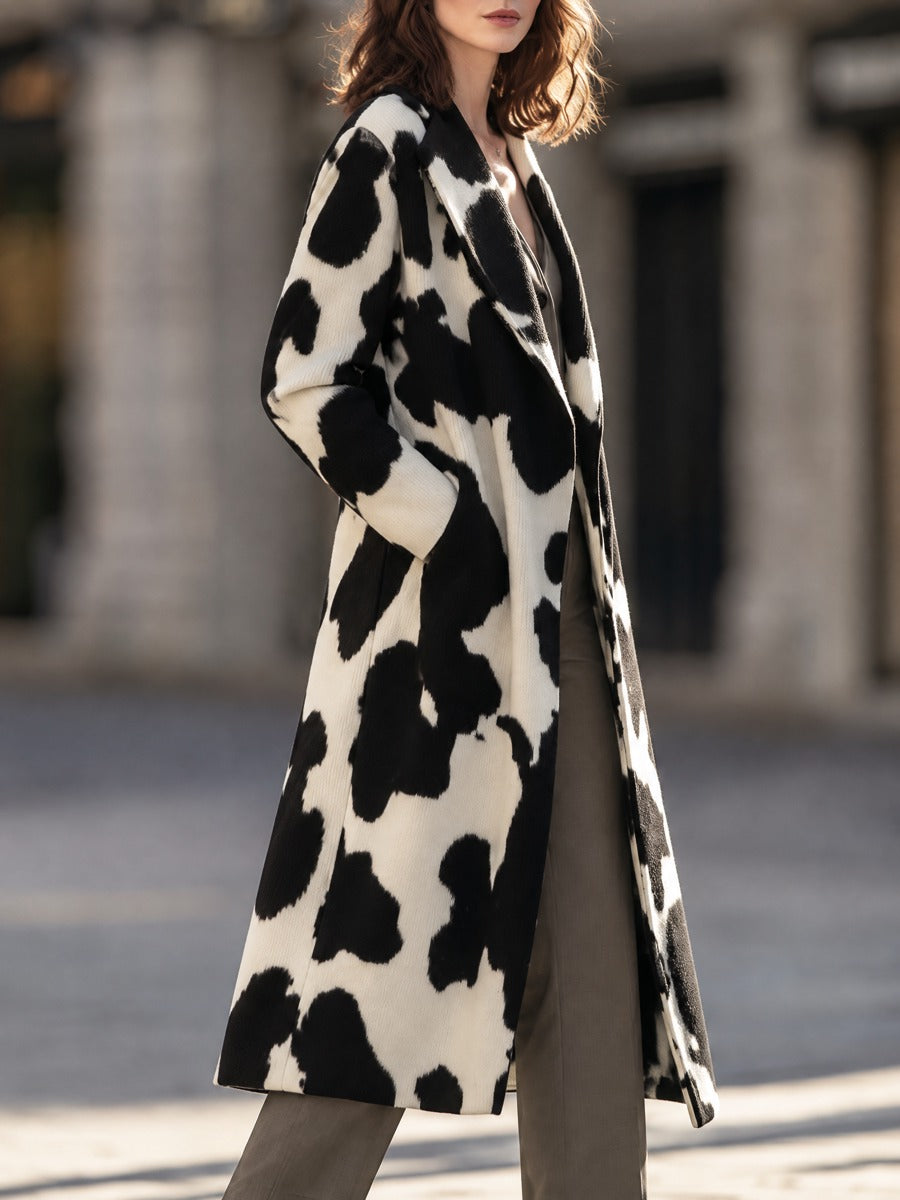 Animal Jacquard Notch Lapel Longline Knit Coat With Slash Pockets