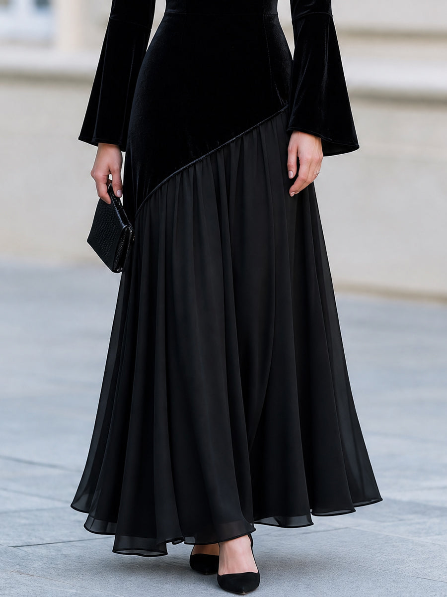 Black Velvet Bell Sleeve Chiffon Asymmetric Hem Maxi Evening Dress