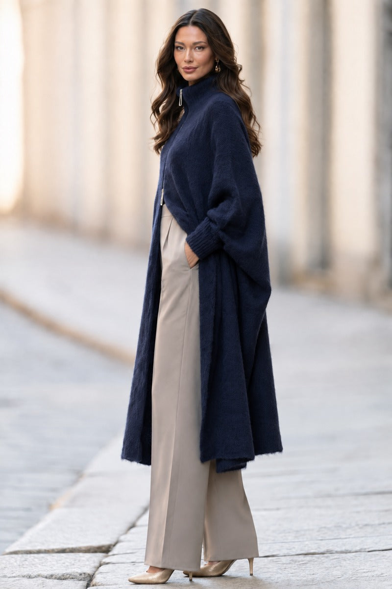 Women's Loose-Fit Long Mohair Knit Coat With Zip Collar