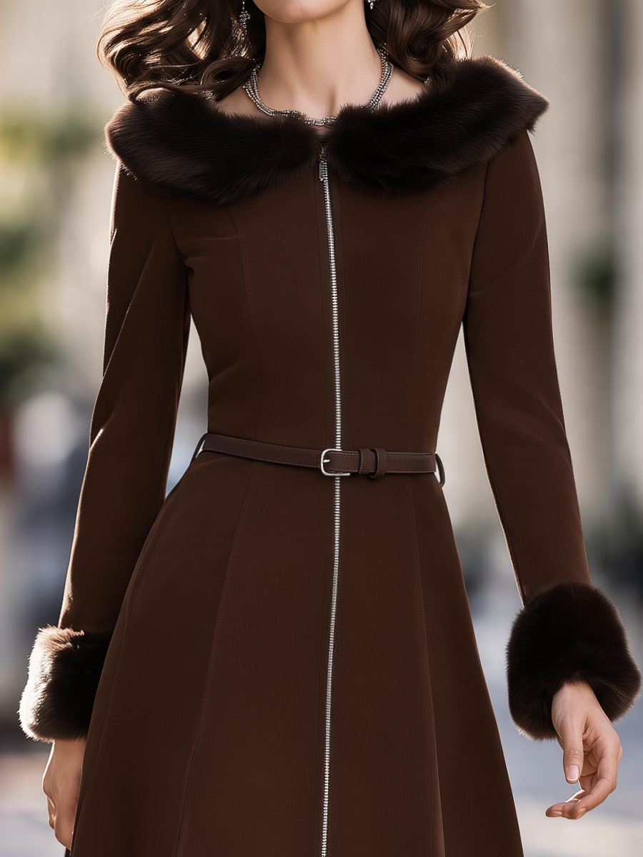 Faux Fur Trim Zip-Front Belted Fit and Flare Midi Dress