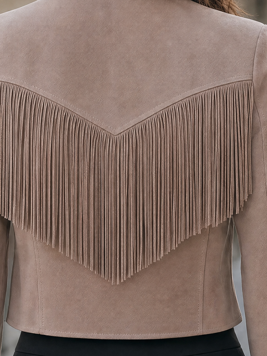 Beige Fringe Stand Collar Cropped Jacket
