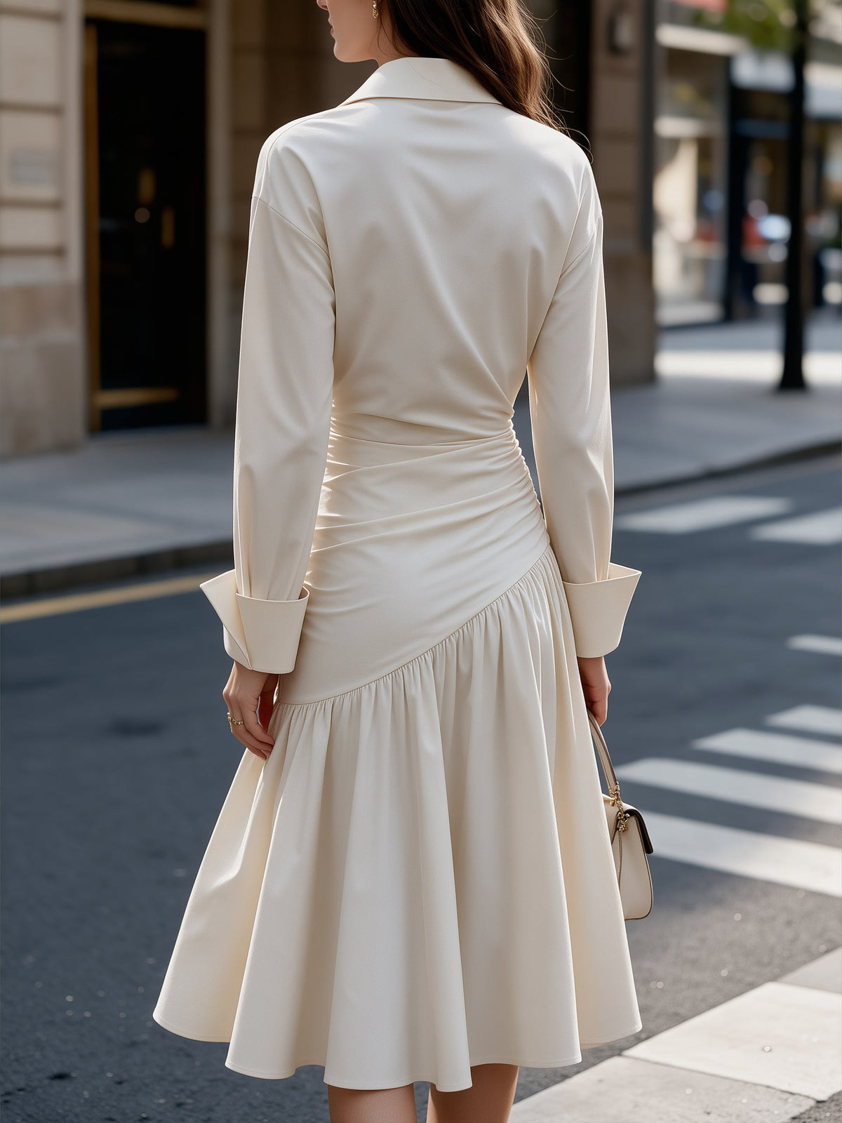 Ruched Waist Pleated A-Line Shirt Dress