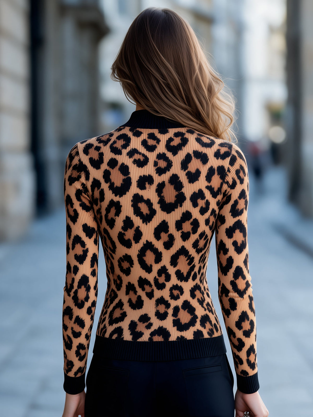 Leopard Print Ribbed Knit Zip Cardigan