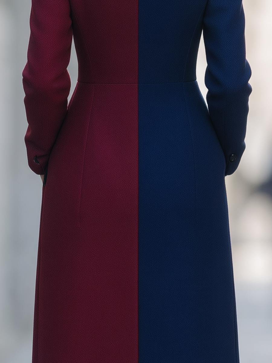 Navy And Burgundy Color Block Long Wool Coat