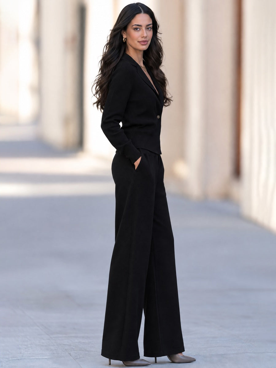 Women's Black Relaxed-Fit Knit Top And Wide-Leg Pants Two-Piece Set