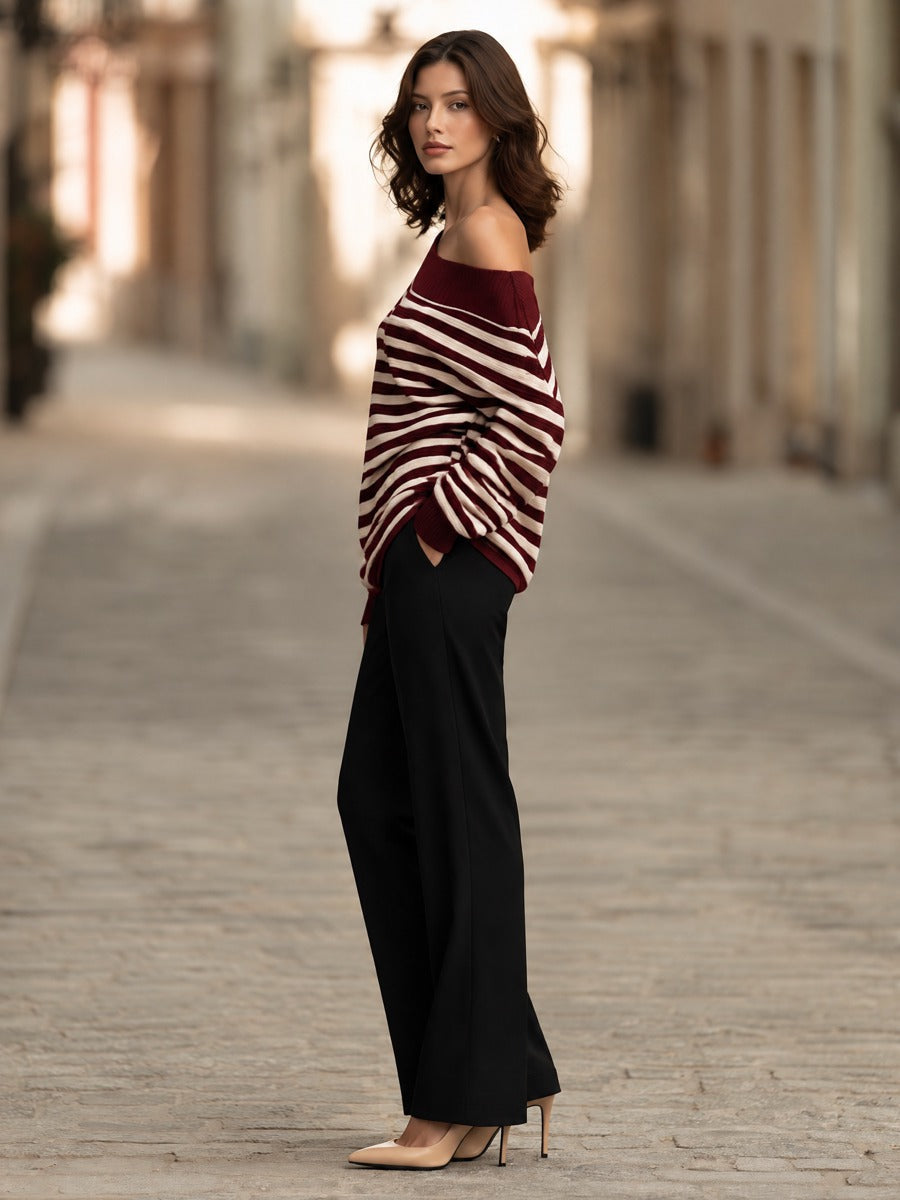 Off Shoulder Striped Ribbed Knit Sweater