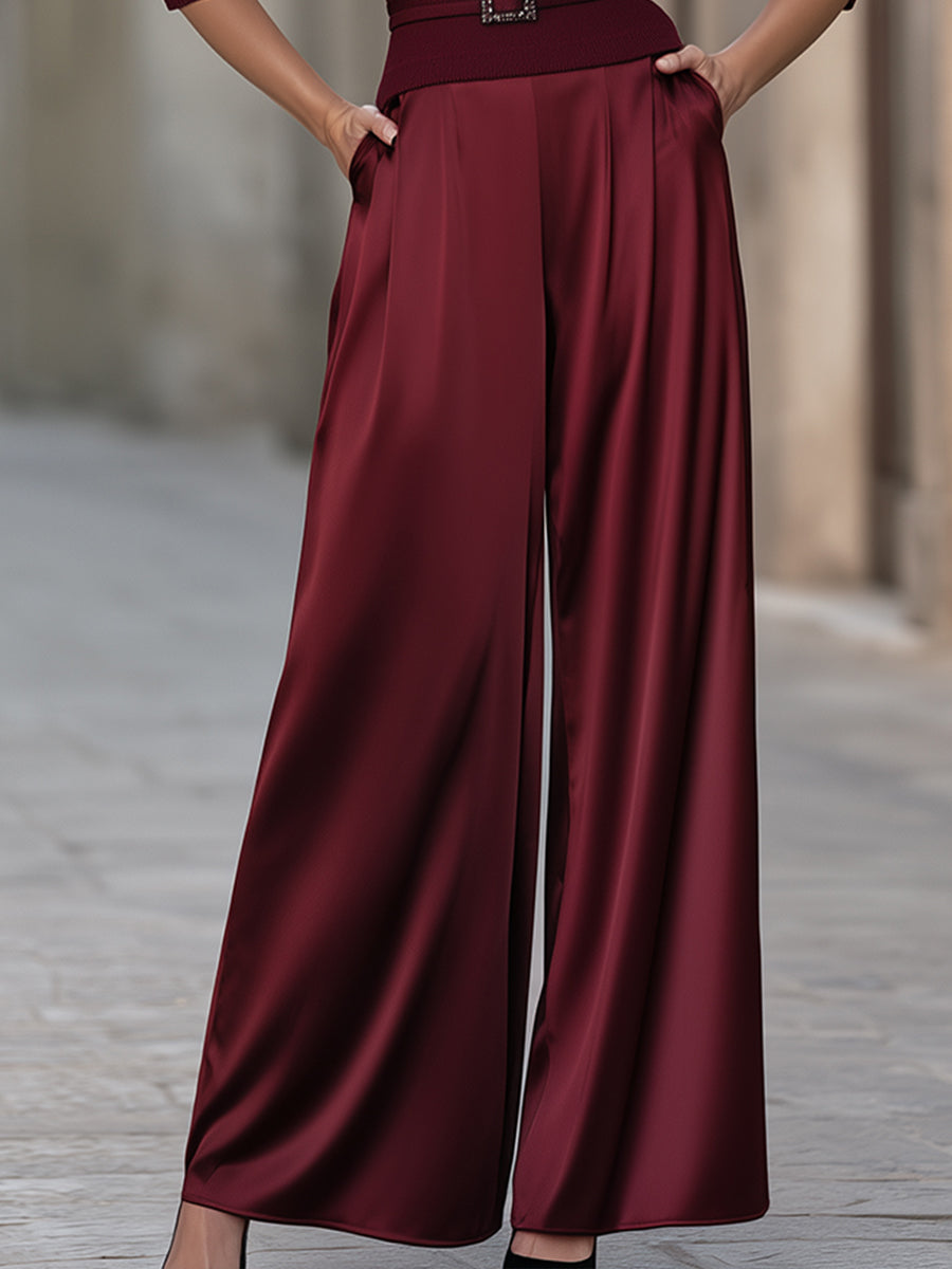 Boat-Neck Knit And Satin Pants Two-Piece Set