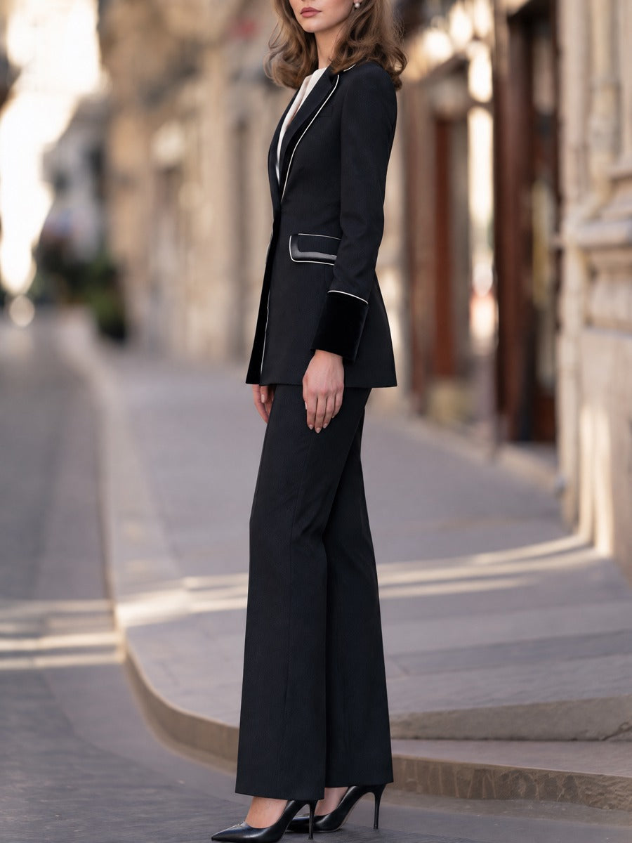 Contrast Trim Single-Button Blazer And Straight-Leg Trousers Set