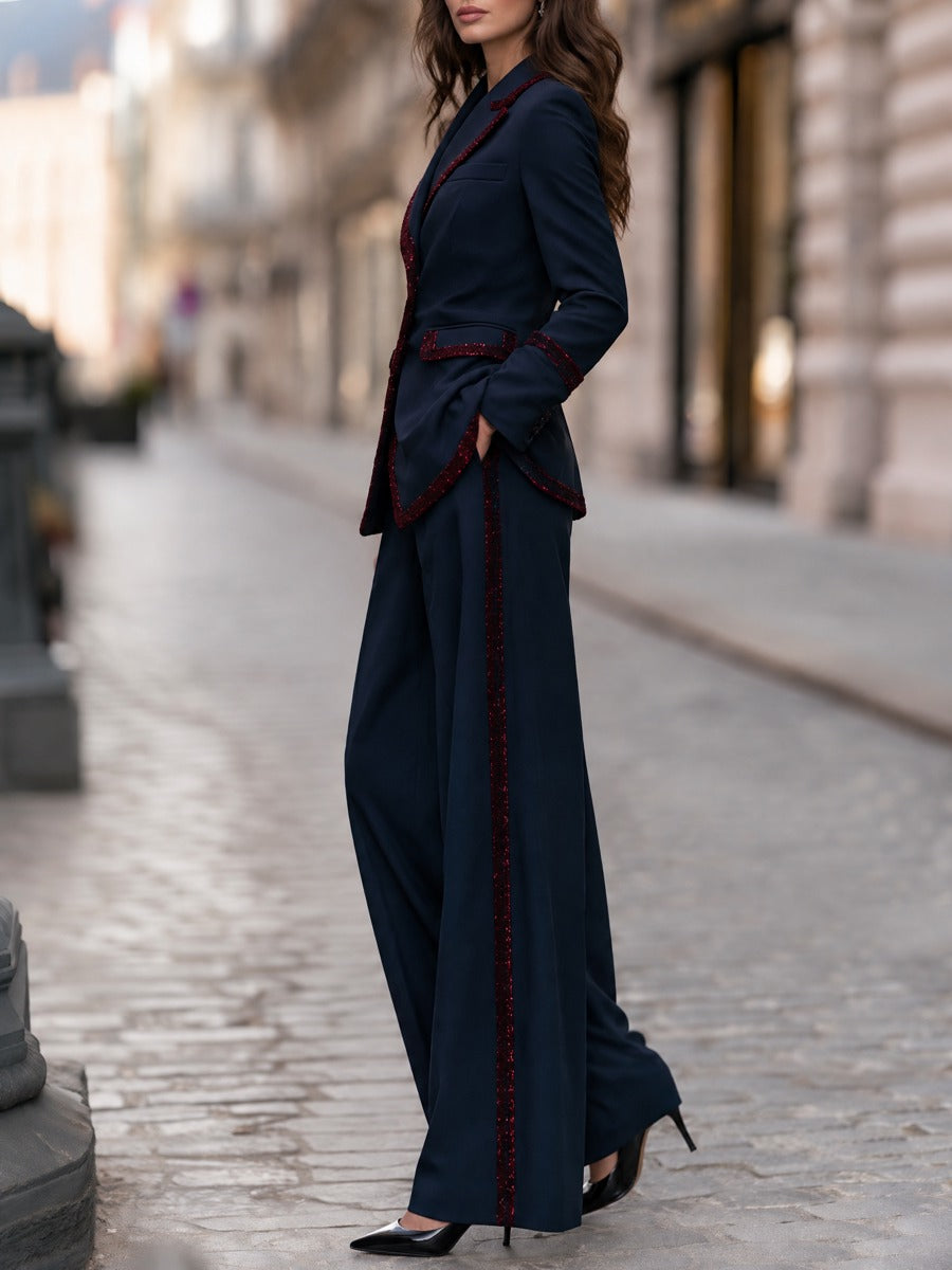 Sequin Trim Blazer & Wide Leg Pants Two-Piece Suit Set