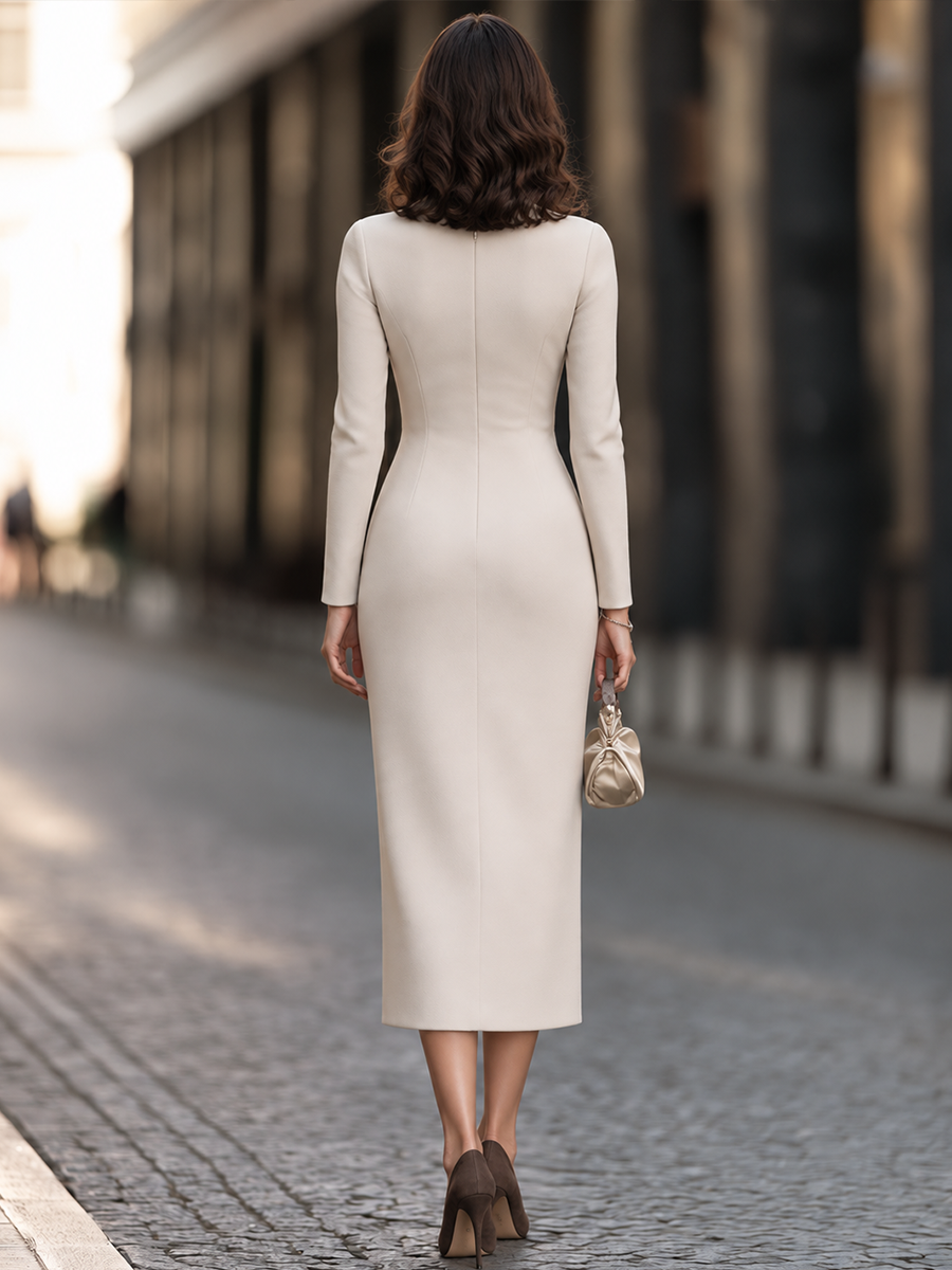 Mock Neck Draped Wrap Front Sheath Maxi Dress With Front Slit
