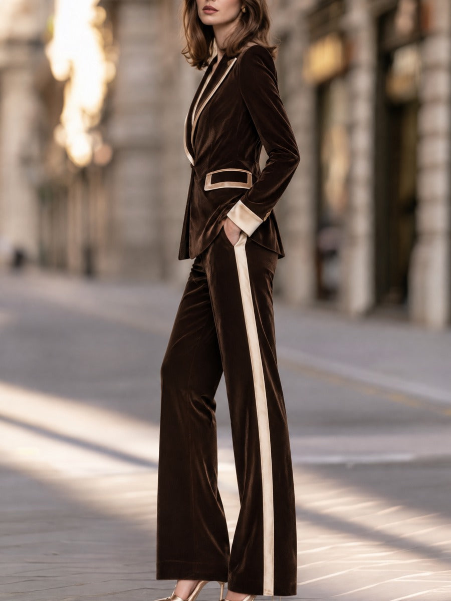 Contrast Trim Velvet Blazer And Flared Trousers Set