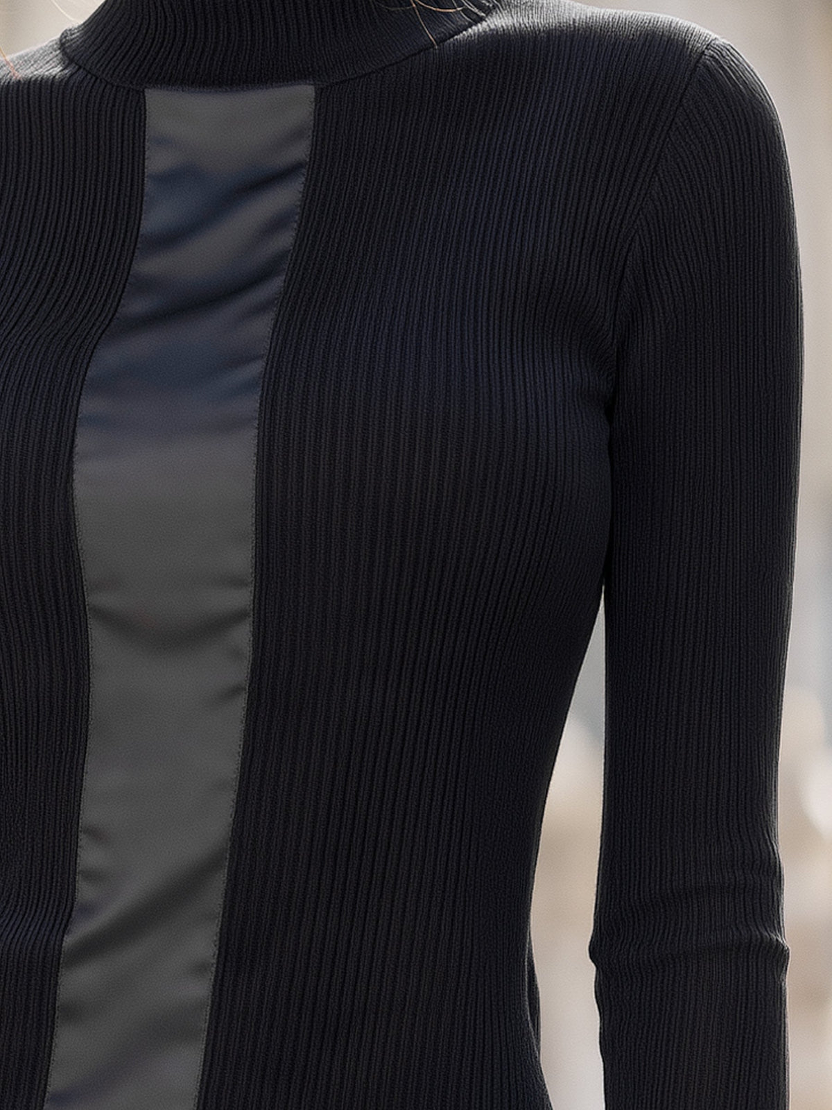 Mock Neck Satin Panel Ribbed Knit Sweater