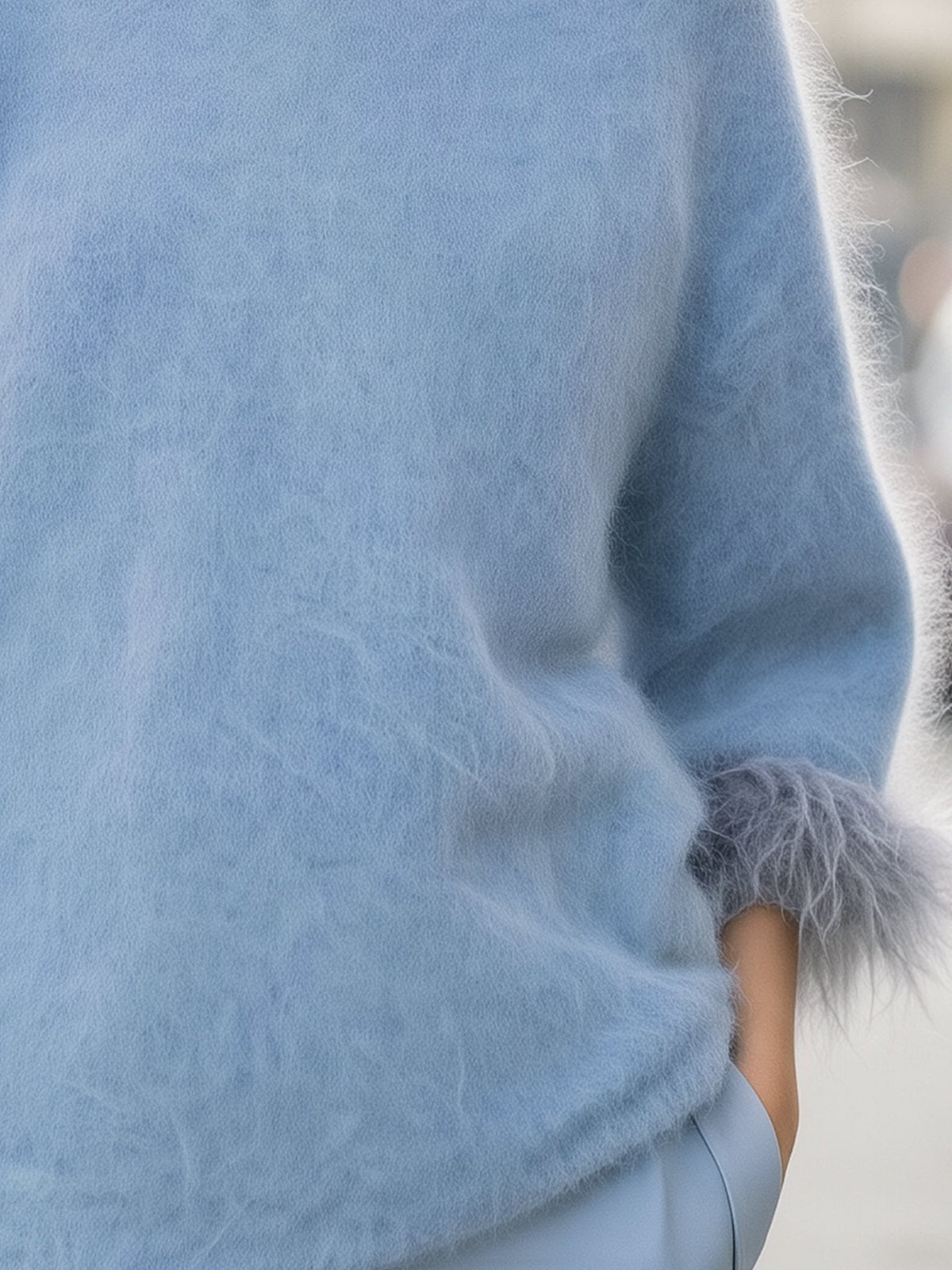 Faux Fur Cuff Boat Neck Knit Sweater