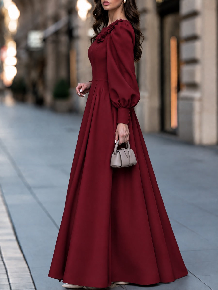 Elegant Puff Sleeve Square Neck Maxi Dress with Floral Applique