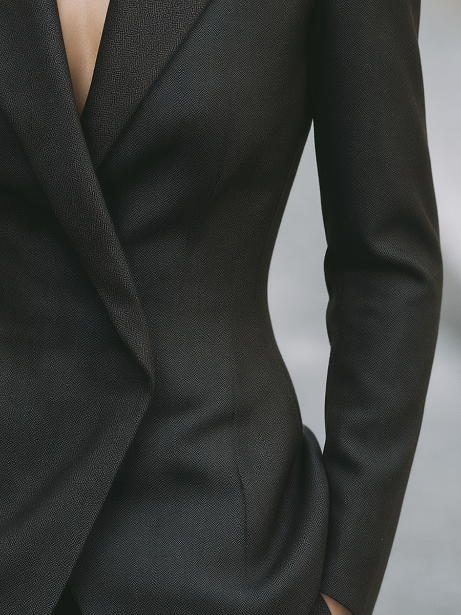Dark Grey Tailored Fitted Blazer With Floral Lapel Brooch