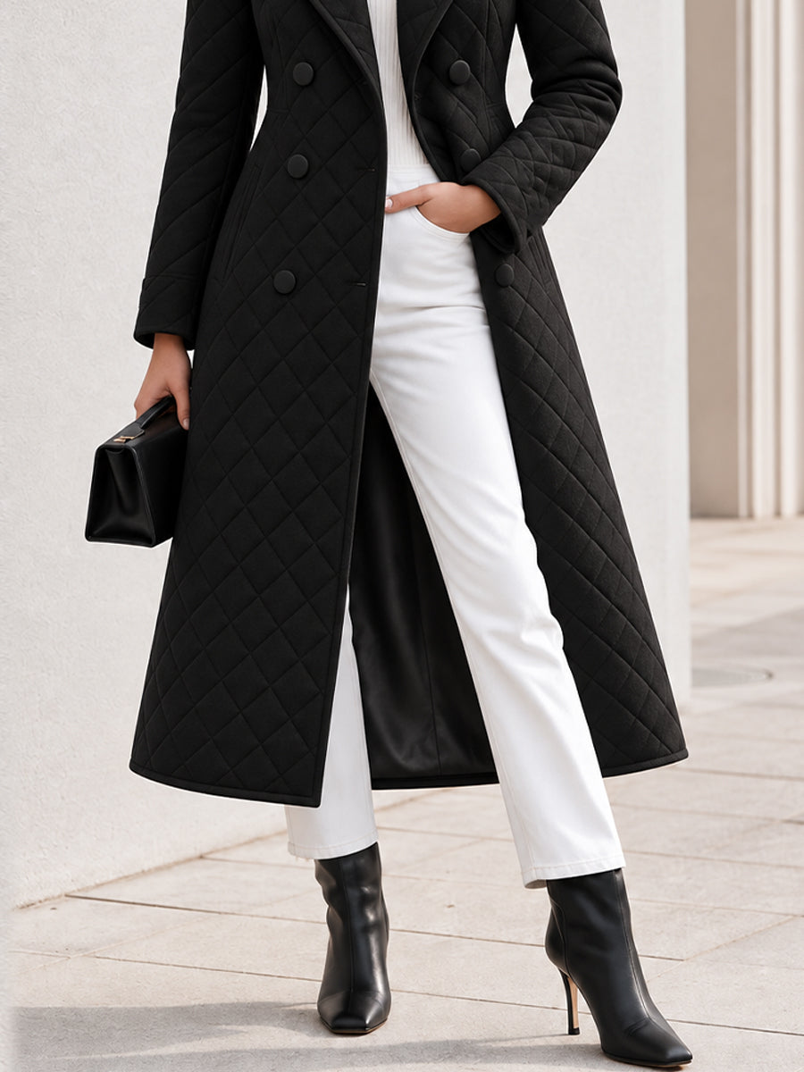 Notched Lapel Double‑Breasted Diamond‑Quilted Long Coat