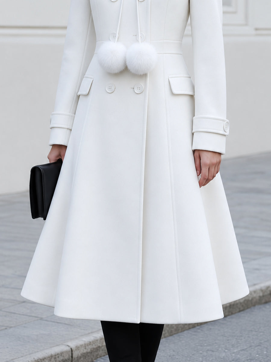 Faux Fur Collar Double‑Breasted Fit‑and‑Flare Wool Blend Long Coat