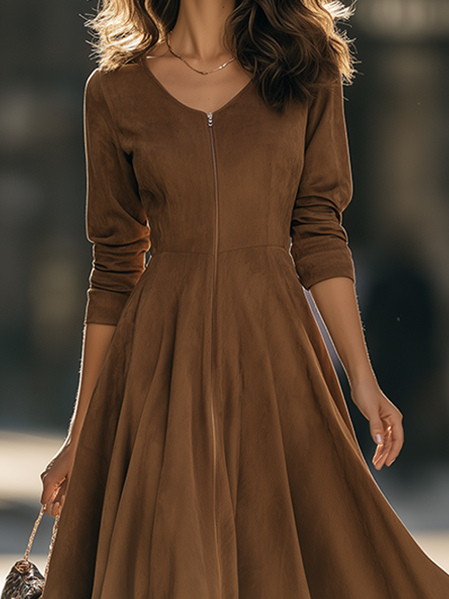 Faux Suede V-Neck Zip-Front Fit And Flare Midi Dress